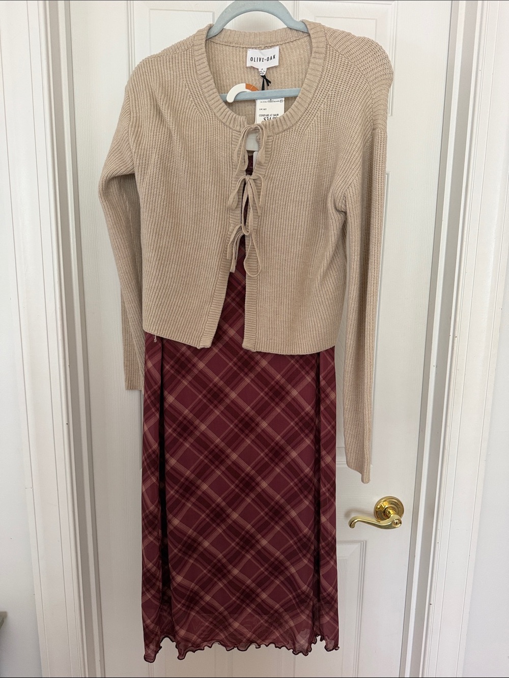 Olive & Oak Beige Tie-Front Cardigan with Burgundy Plaid Slip